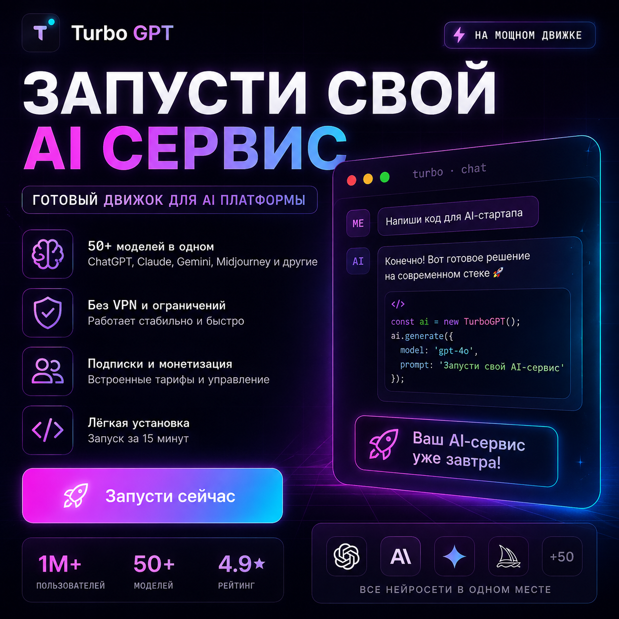 Turbo GPT — готовый сайт AI-сервиса (PHP + MySQL): чат, генерация фото и видео, подписки, оплата ЮKassa