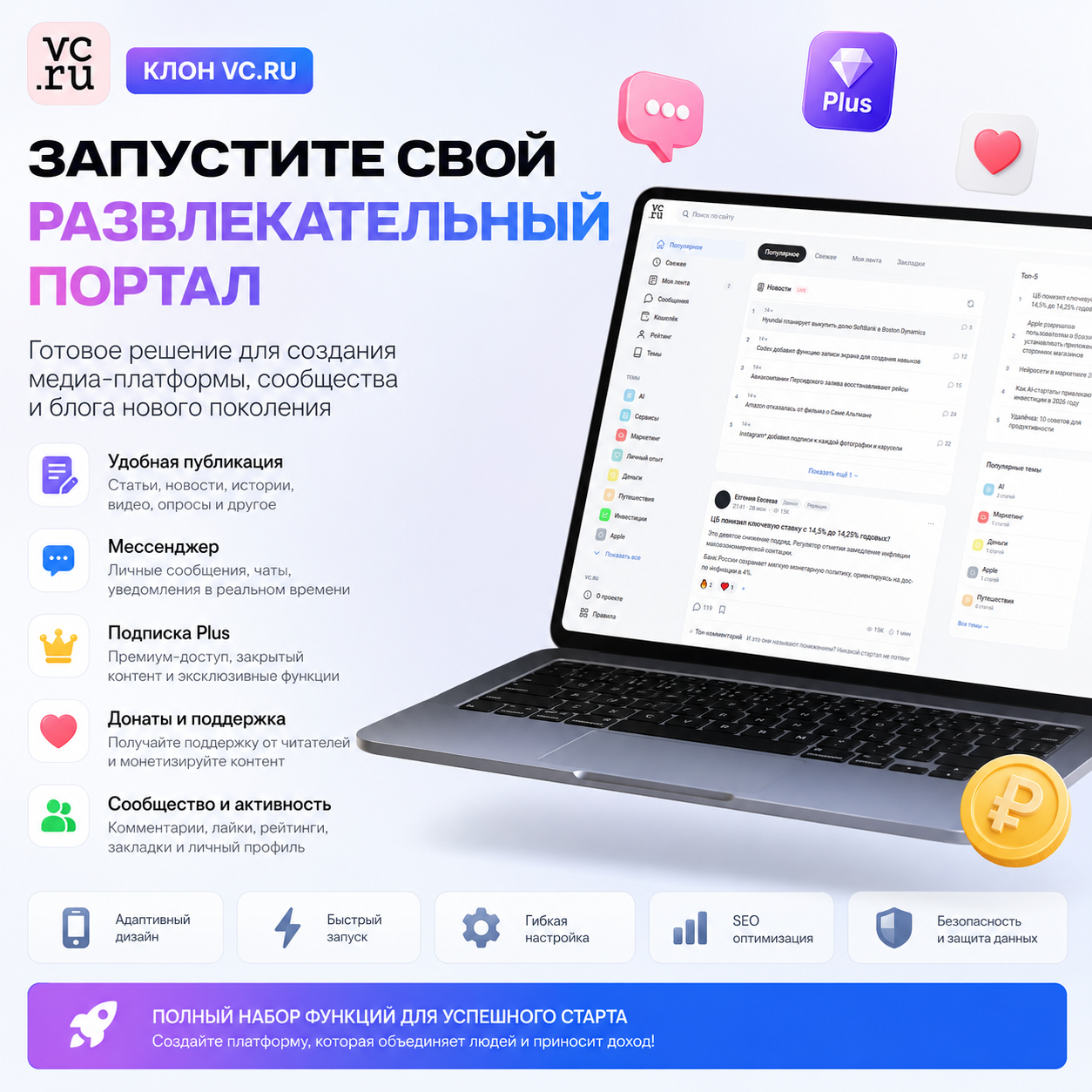 MediaPortal Pro — готовый медиа-портал с лентой, профилями, Plus-подпиской и монетизацией (аналог vc.ru)