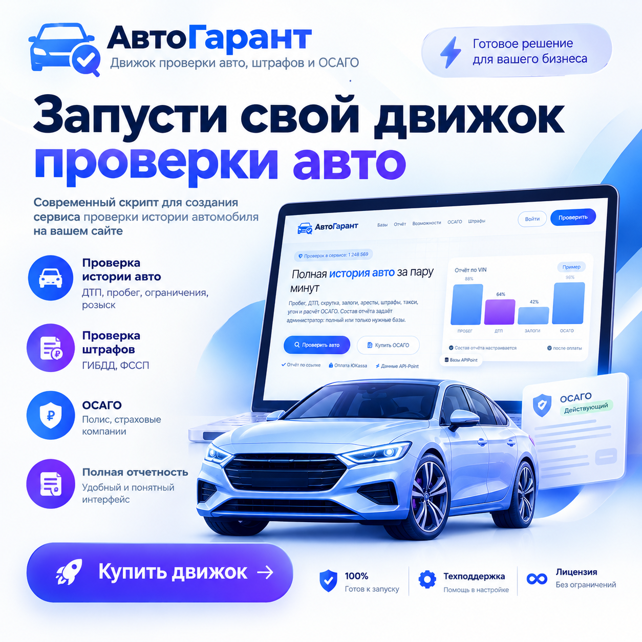 АвтоГарант— готовый сайт проверки истории авто, штрафов и расчёта ОСАГО